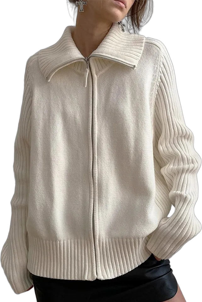 Zip-up high-collar knit cardigan