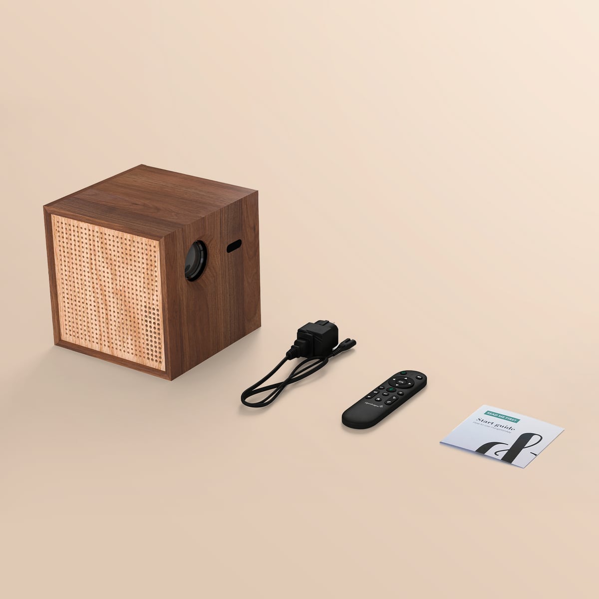 Projector, power cable, remote and guide