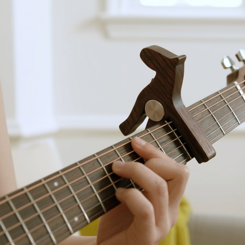 Clamped on a guitar neck