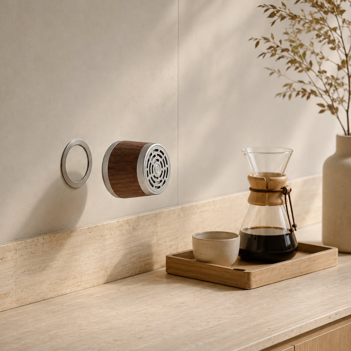 Stuck to a kitchen wall with a magnetic ring