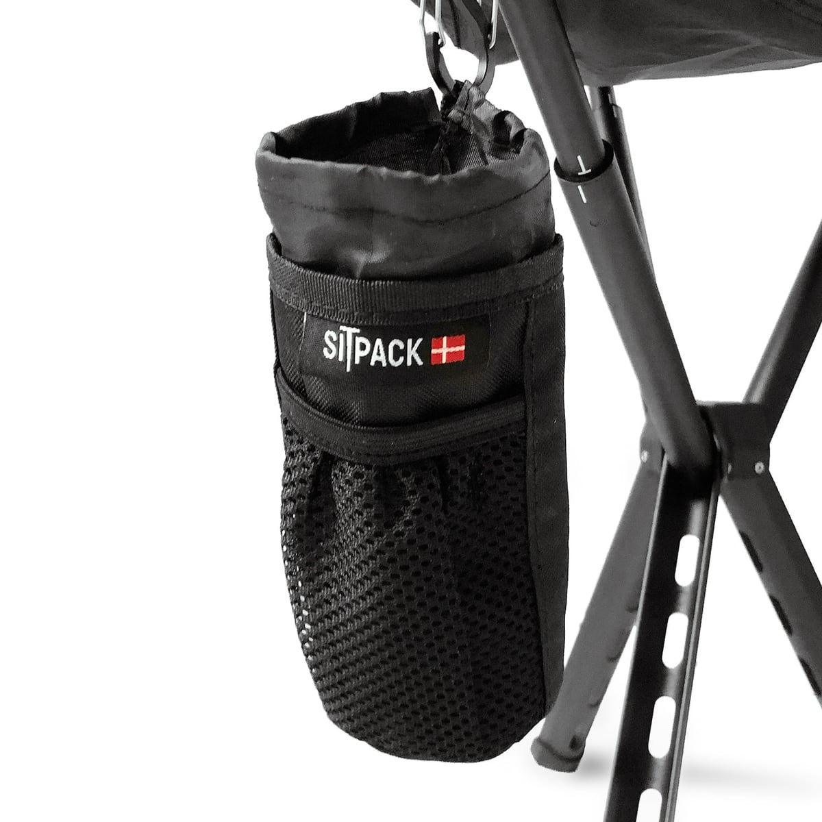 Hanging from a chair leg