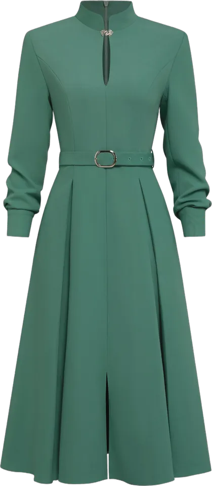 Belted stand-collar fit-and-flare dress