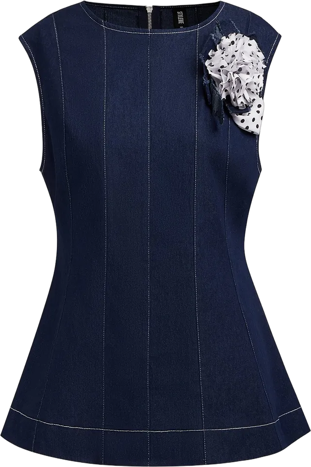 Denim peplum top with brooch