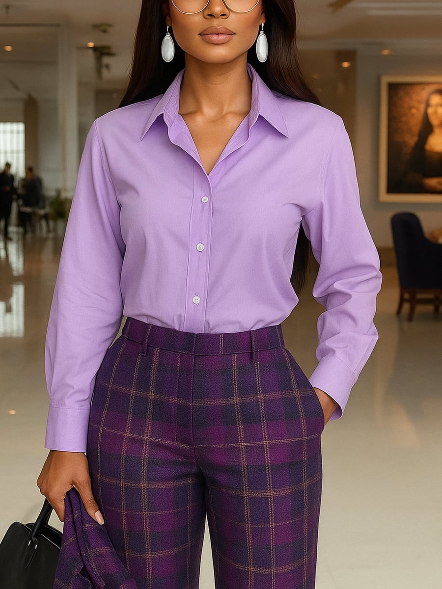 Upper body, front, tucked into plaid trousers