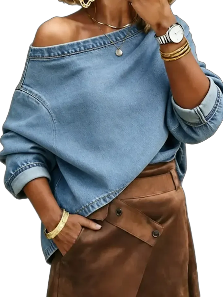 Asymmetric-neck denim top