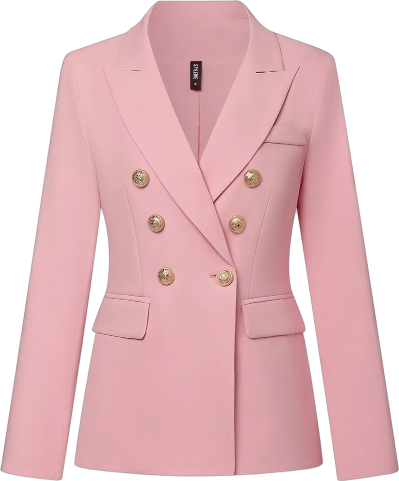 Pink double-breasted blazer with gold buttons