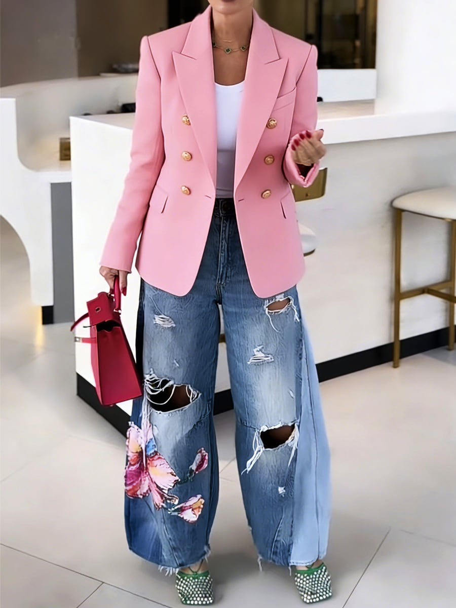 Full length, with wide jeans