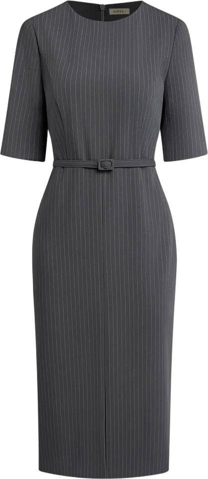 Pinstripe belted sheath dress
