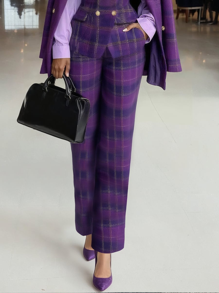 Full length, front, with a lavender shirt