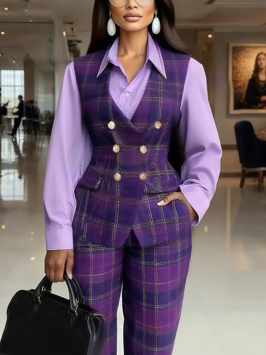 Upper body, with a matching plaid waistcoat