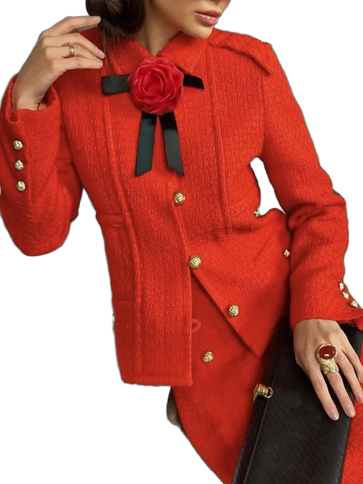 Red jacket with rose brooch