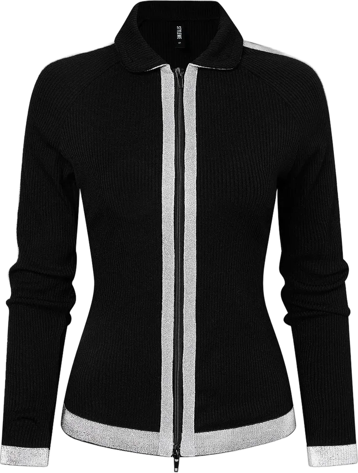 Ribbed zip-up top with silver trim
