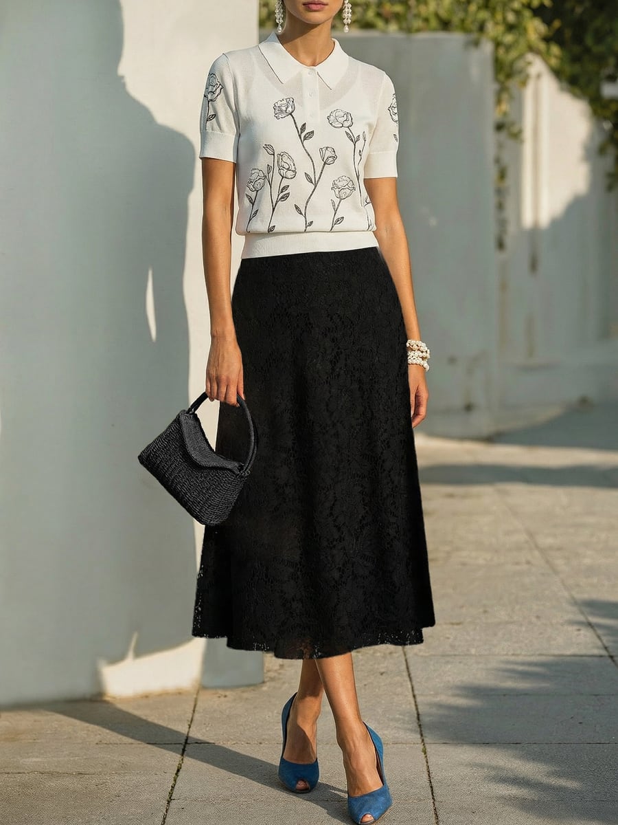 Full length, with a black lace skirt