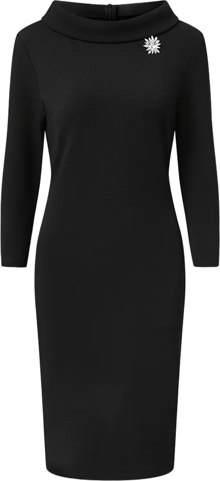 Stand-collar midi dress with brooch