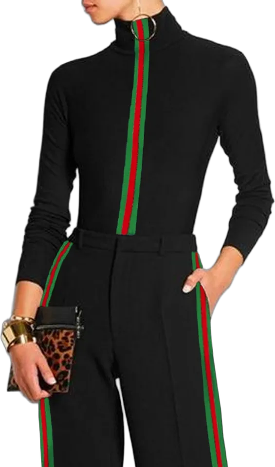 Turtleneck top with a red-and-green stripe