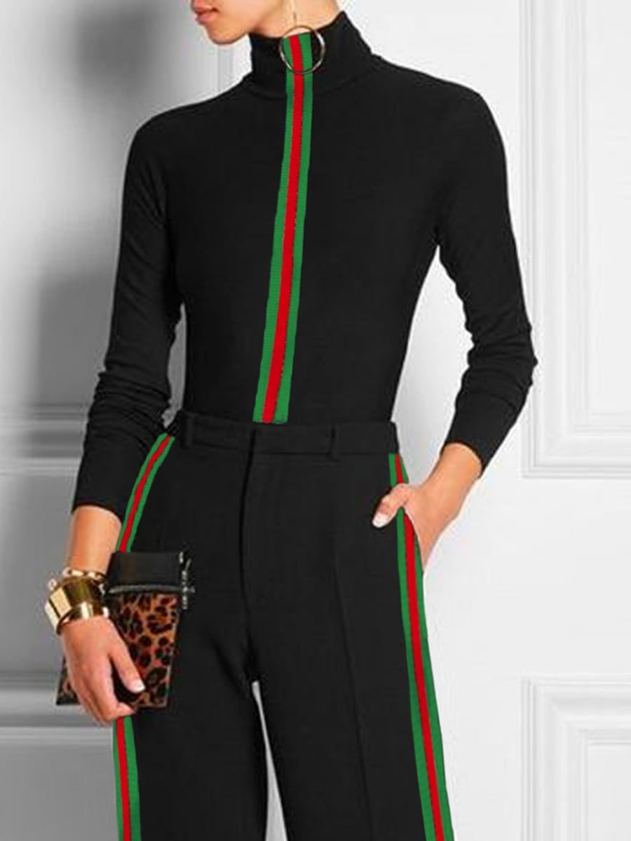 Upper body, with trousers that share the stripe