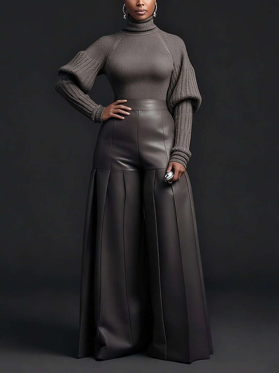 Full length, with leather wide trousers