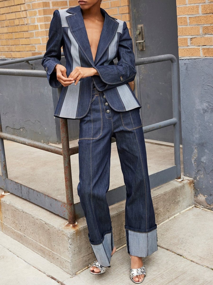Full length, with denim trousers