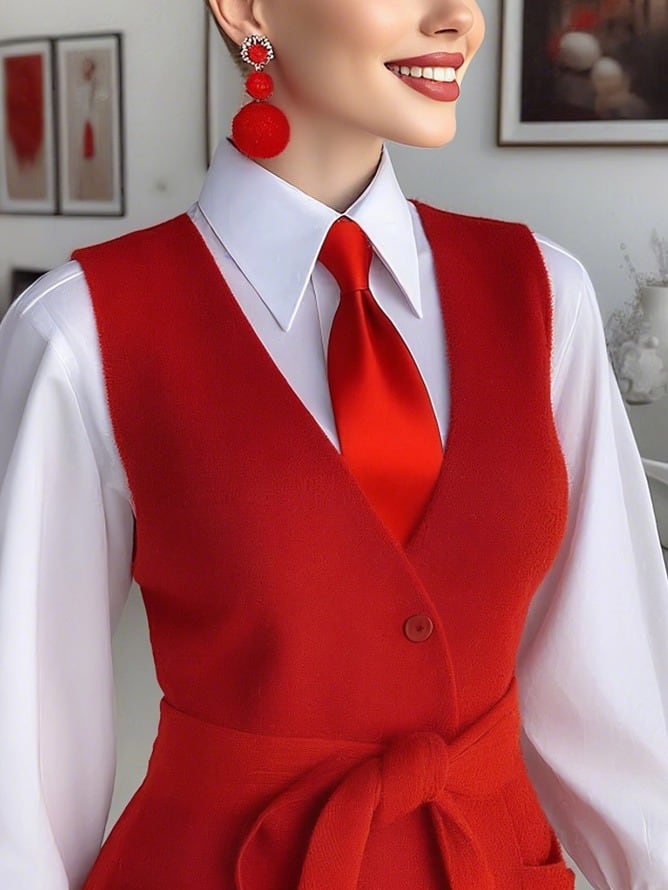 Upper body, styled with a red vest