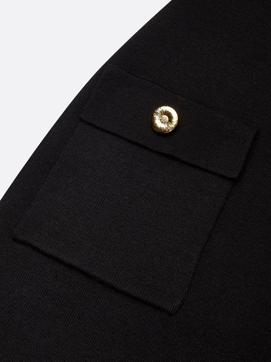 Close-up of a flap with a gold button